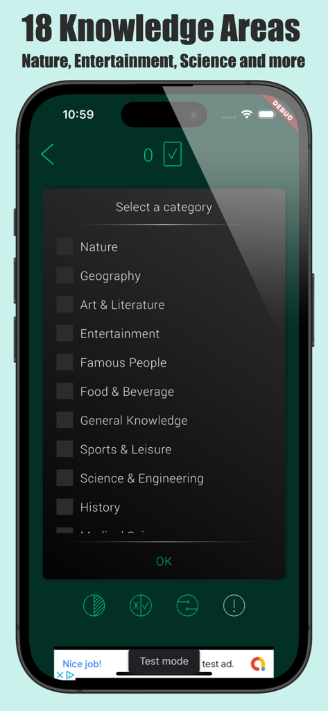 Quizoid: Offline Trivia Quiz - Quizoid app screen displaying a list of trivia categories to choose from