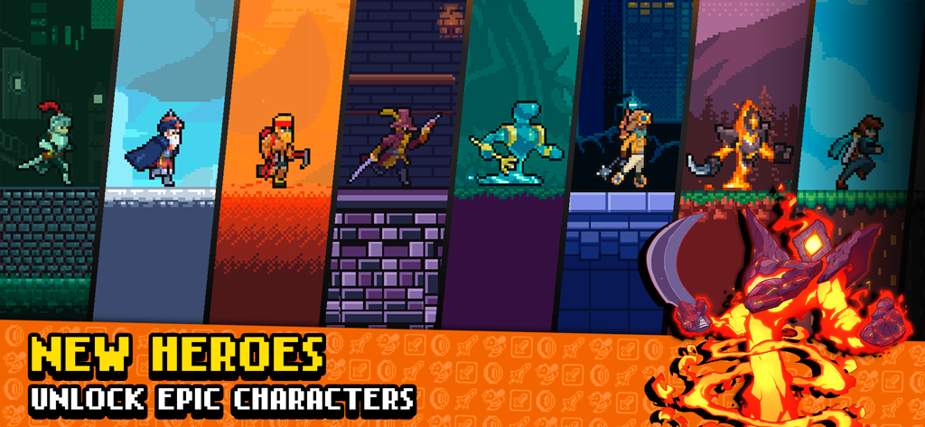 Idle Slayer - Uma coleção de heróis em arte pixelada desbloqueáveis e personagens épicos em diferentes ambientes de jogo