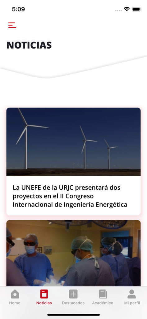 Screenshot of the news feed in the University Rey Juan Carlos mobile app showing campus articles.
