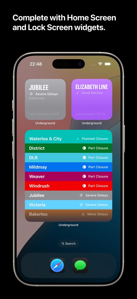 Schermata Home dell'iPhone che mostra i widget di Lucid Underground con aggiornamenti di stato in tempo reale per le linee di trasporto di Londra