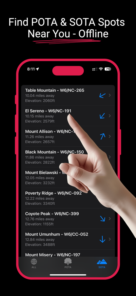 Offline Spotter for POTA/SOTA - A list of SOTA summit locations showing distances and elevations in the Offline Spotter app.