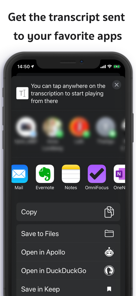 Live Transcribe: Transcrybr - Interface showing options to export transcriptions to productivity apps like Notes, Evernote, and Mail.
