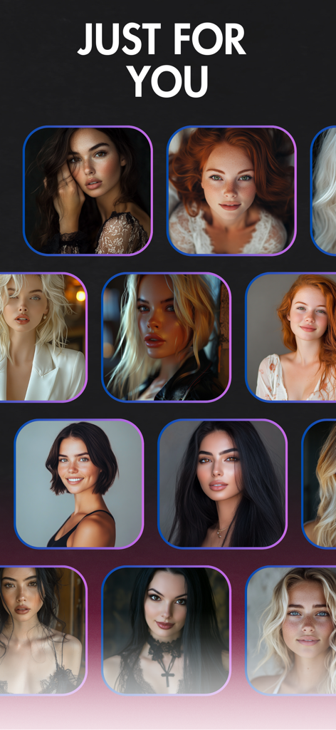 AI Chat Girlfriend - A grid of diverse AI generated female avatars in the AI Chat Girlfriend app under the heading Just For You