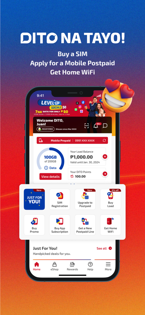 DITO mobile app dashboard interface displaying account balance, data usage, and quick services menu.