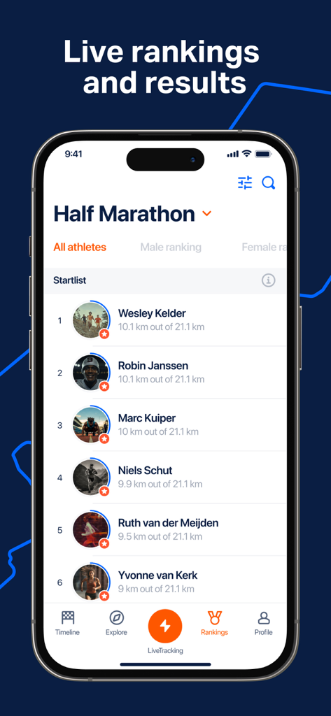 A smartphone screen displaying live rankings and athlete progress for a half marathon in the TRACX app.
