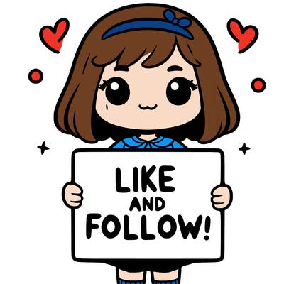 a girl holding a sign that says like and follow!