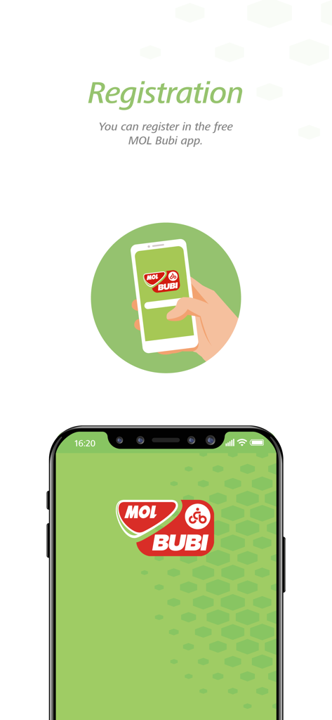 Interface do aplicativo de compartilhamento de bicicletas MOL Bubi mostrando o logo em uma tela de smartphone.