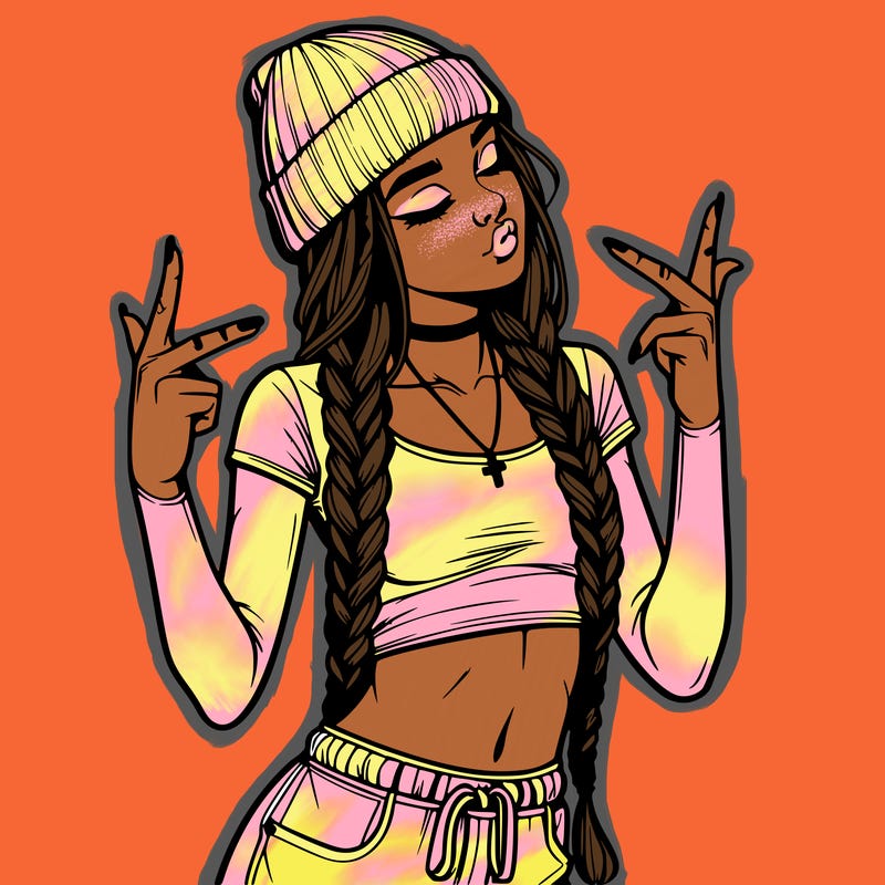 realistic teenage girl with braids and a beanie and crop top doing 🫶🏼