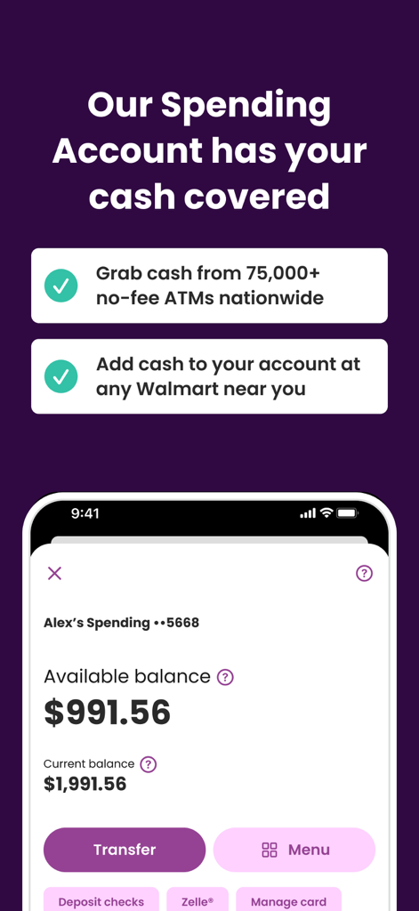 Tela da conta de gastos do aplicativo móvel Ally exibindo saldo disponível e recursos de gerenciamento de caixa.