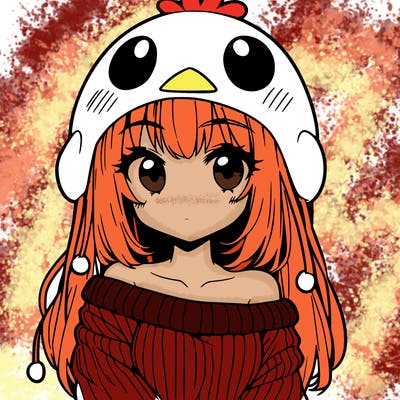 anime girl with chick shaped hat with sweater with bare shoulders with bangs covering them one eye with low tail
