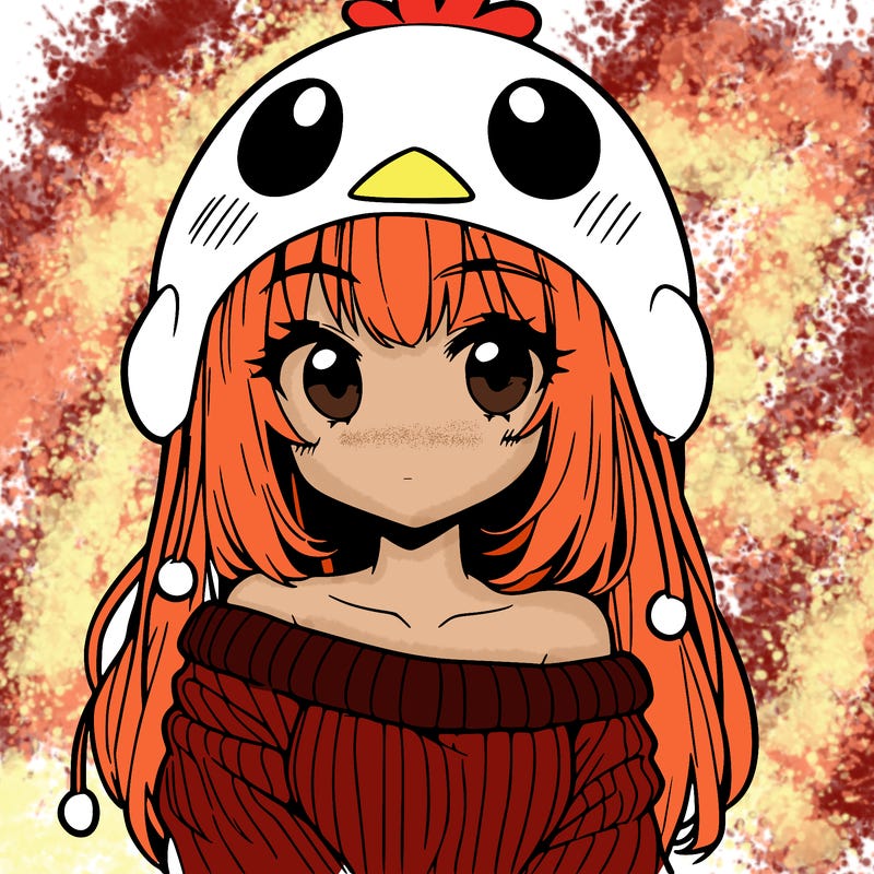 anime girl with chick shaped hat with sweater with bare shoulders with bangs covering them one eye with low tail