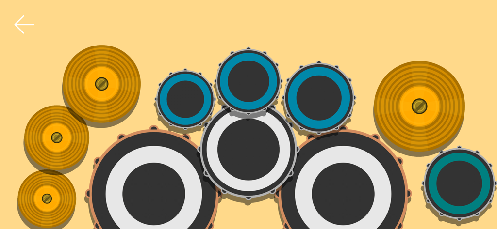 Drum Set - Real Drum Simulator - A top-down view of a virtual drum kit interface with cymbals and drums on a yellow background.