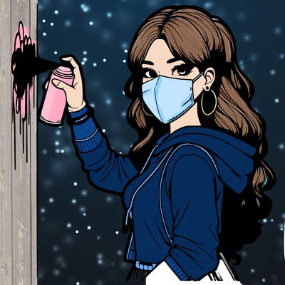 realistic girl with mask spray painting a wall