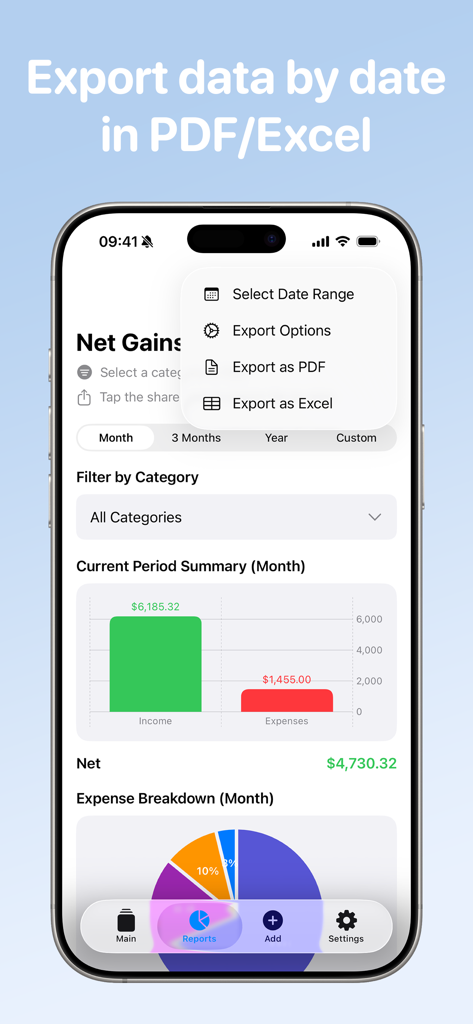 Cash Count Pro - Finance - Cash Count Pro app interface showing income and expense charts with an overlay menu for PDF and Excel export options