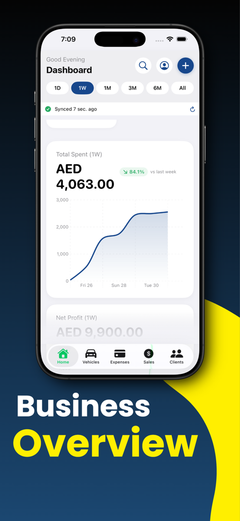 Car Dealer Tracker - Tableau de bord de l'application mobile Car Dealer Tracker montrant un aperçu de l'entreprise et une analyse des dépenses.