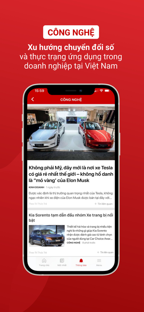 테슬라 자동차 특집 기사와 함께 베트남어로 기술 및 비즈니스 뉴스 기사가 표시되는 CafeBiz 앱 인터페이스