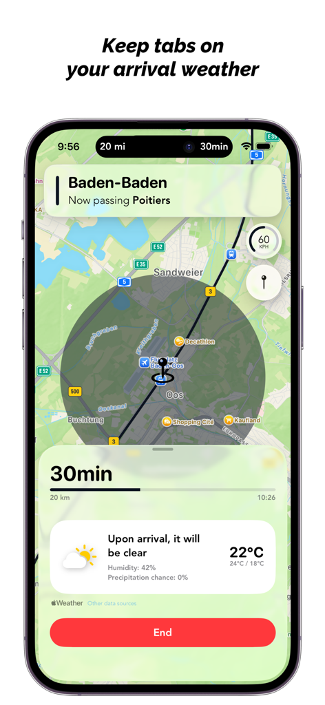 SNCF TGV Destinations - A mobile app screen showing a train's progress on a map with an arrival weather forecast and time remaining.