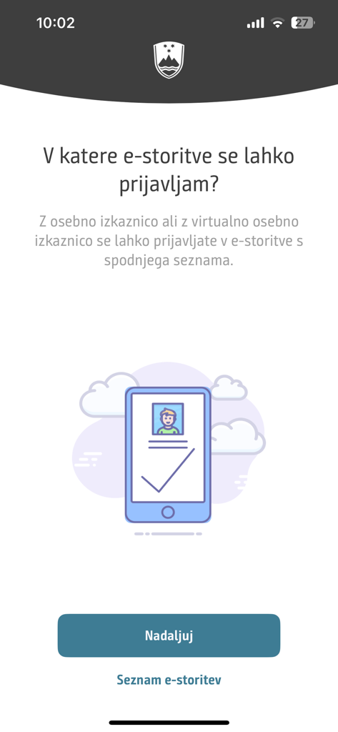 eOsebna - Screen from the eOsebna app explaining how to log into Slovenian e-services using a digital ID.