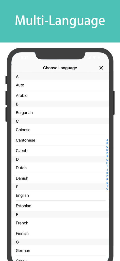 QS Scanner & Photo Translator - Interface of the QS Scanner app showing a long list of supported languages for translation