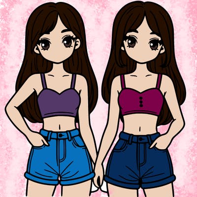 two sisters with crop tops and jean shorts and straight hair