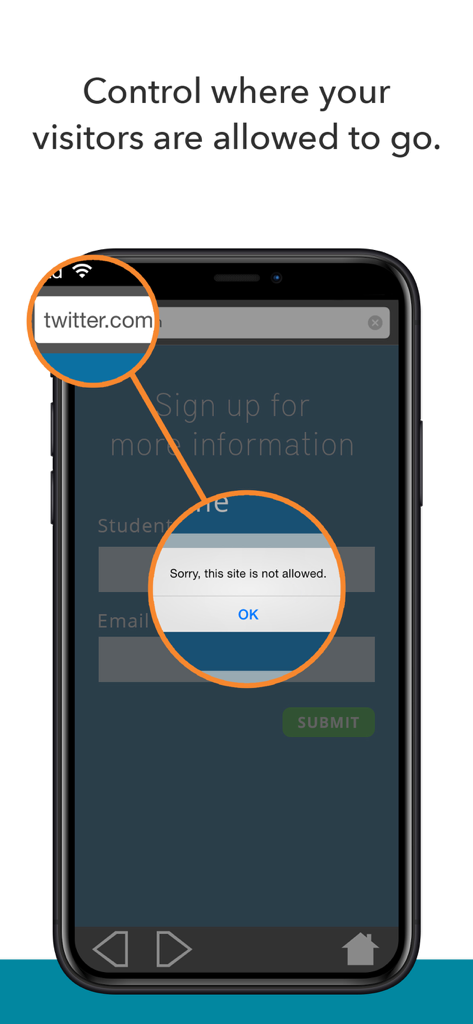 Kiosk Pro Lite - Una schermata dello smartphone che mostra l'app Kiosk Pro Lite che blocca l'accesso a un sito web non autorizzato con un messaggio di avviso.