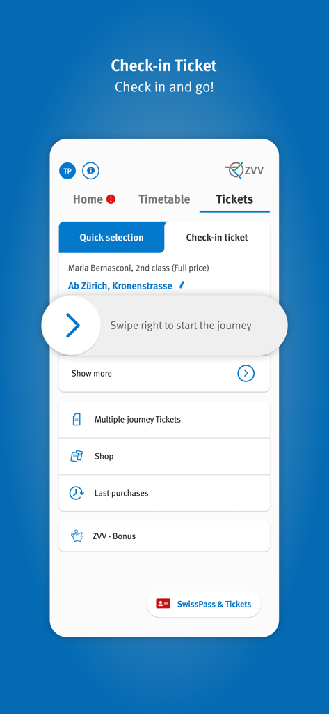 ZVV - Interface do aplicativo ZVV mostrando o recurso de bilhete de check-in com um controle deslizante para iniciar a viagem.