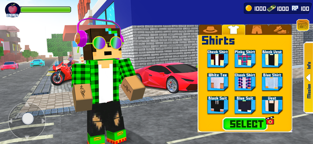 Block Party Fun World - A pixelated character customization screen showing various shirt options in a city setting with sports cars.