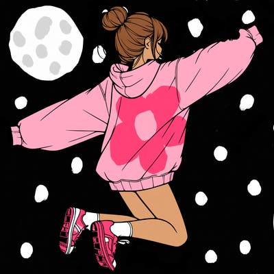 realistic girl jumping with a bun and oversized sweatshirt
