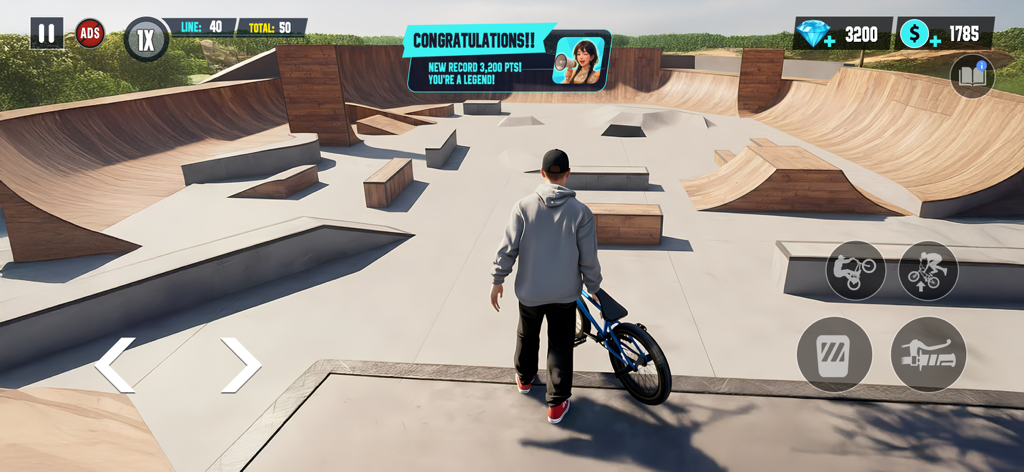 BMX Playground - 회색 후드를 입은 캐릭터가 게임 UI와 함께 축하 메시지가 표시되는 나무 스케이트 파크에서 파란색 자전거를 들고 서 있음