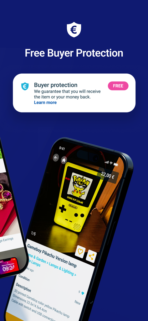 Vendora app interface displaying free buyer protection guarantee and a listing for a handmade Gameboy lamp.