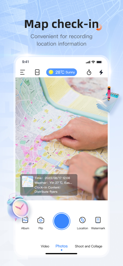 Timestamp camera - gps cam - Interface do aplicativo Timestamp Camera mostrando o recurso de check-in no mapa com marca d'água de localização e horário em uma foto