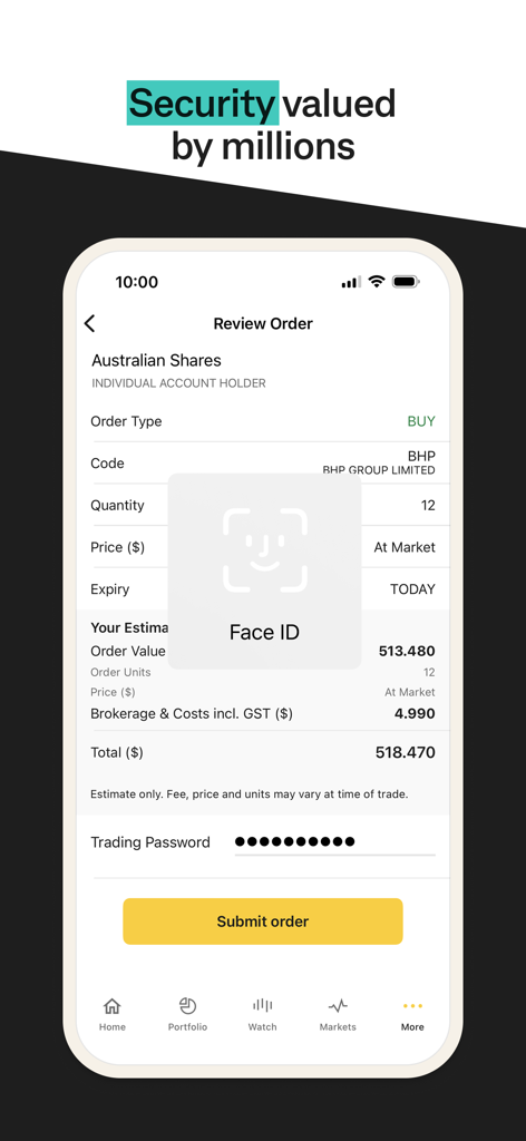 CommSec mobile app interface displaying a Face ID authentication prompt on a stock order review screen for BHP shares