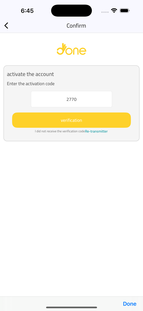 Done ksa - Done ksa app account activation screen showing verification code entry field