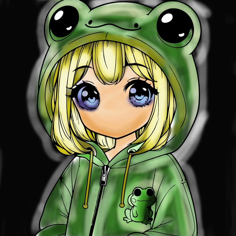 cute realistic girl in a froggy hoodie