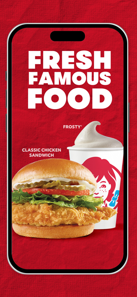 Wendy's UK - Wendy's UK mobile app screen showing a classic chicken sandwich and a Frosty dessert