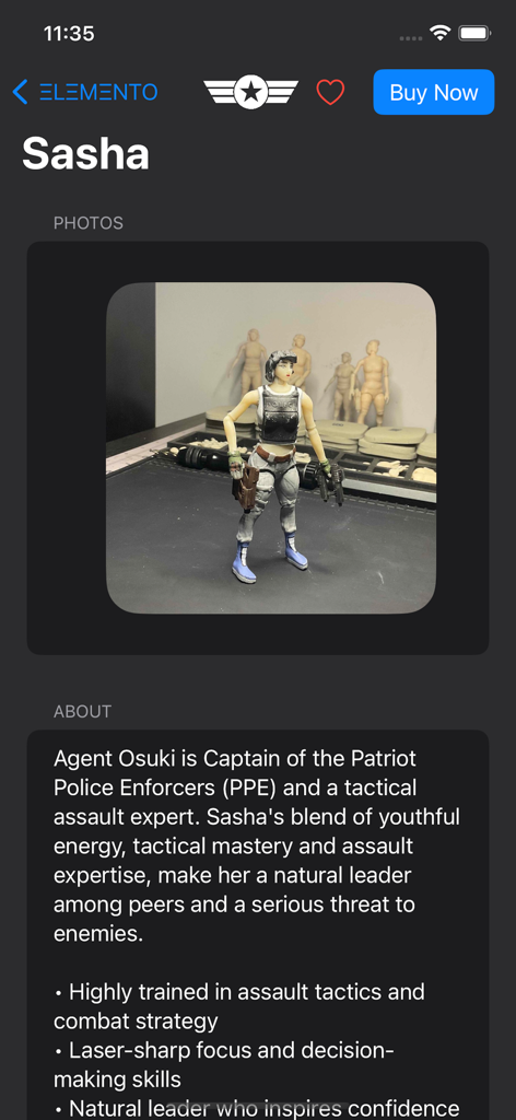 Page de profil du personnage de la figurine d'action Sasha Agent Osuki dans l'application ELEMENTO