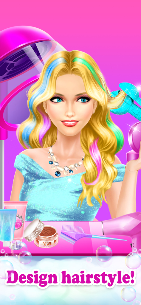 Princess HAIR Salon: Spa Games - A princess character with colorful hair highlights and salon styling tools.