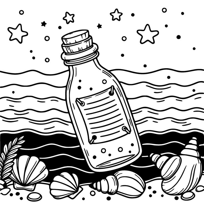 bottle with message on seaside sea shells around