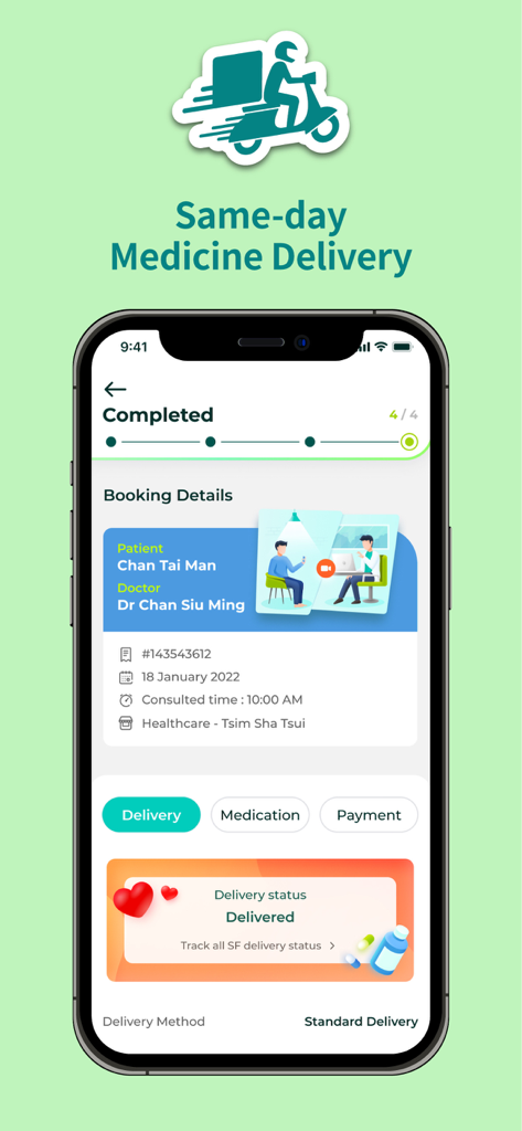 예약 세부 정보 및 배송 추적과 함께 완료된 당일 의약품 배달 상태를 보여주는 Watsons eDr 앱 스크린샷