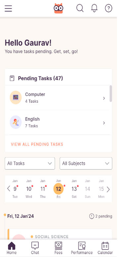 Loop Learning - Loop Learning app student dashboard showing pending tasks and a weekly school calendar