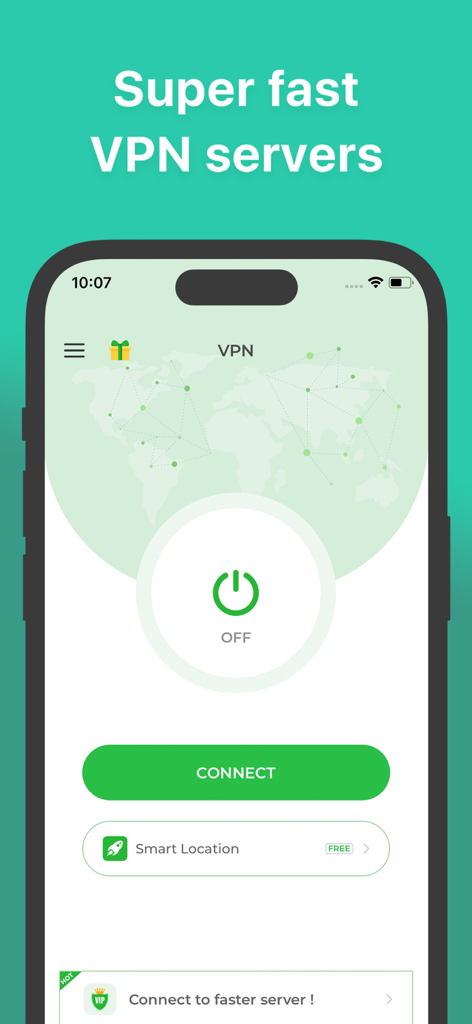 App VPN - Super Fast Unlimited - App VPN 인터페이스에 원탭 연결 버튼과 초고속 서버 헤드라인이 표시됨