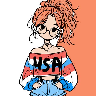 girl with a messy ponytail glasses a baggy crop top and jean shorts