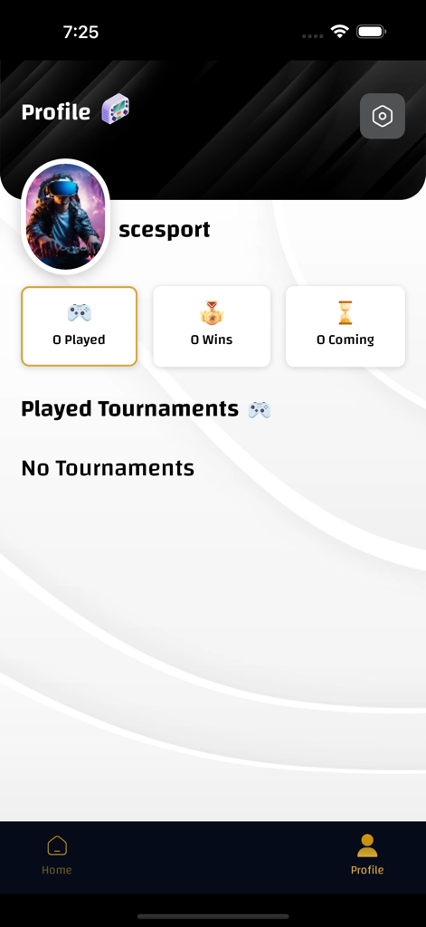 SC ESport - User profile screen of the SC ESport app showing tournament statistics and played history