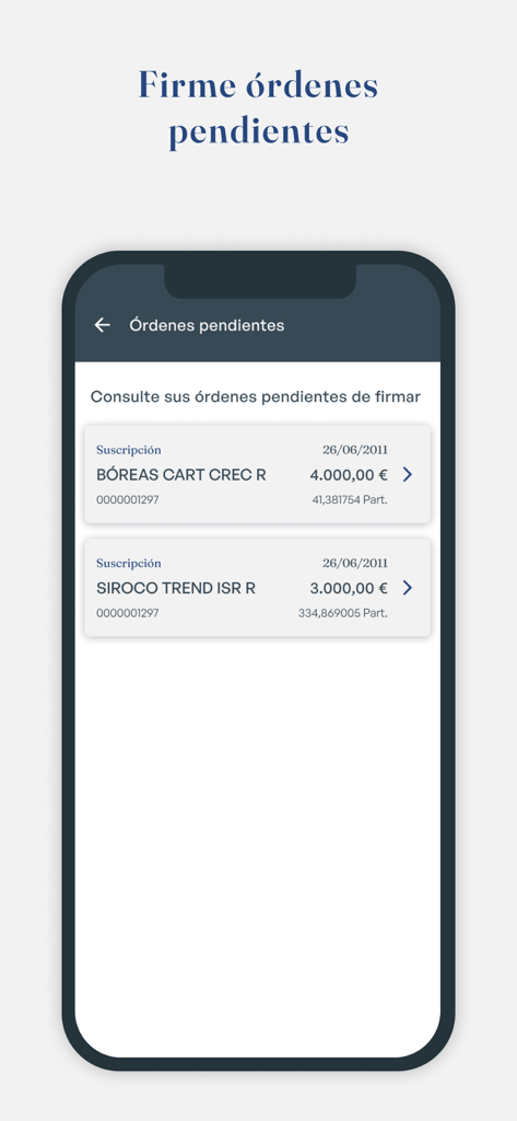 Interfaz móvil de la aplicación de gestión de patrimonio Tressis que muestra una lista de órdenes de inversión pendientes de firma.
