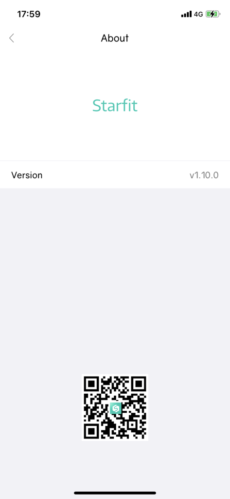 Starfit - Pantalla Acerca de de la aplicación Starfit que muestra la versión 1.10.0 y un código QR de descarga