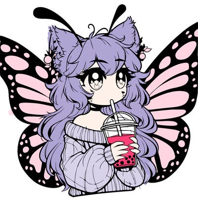 a realistic butterfly/furry girl drinking boba