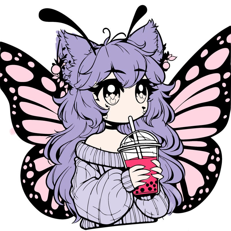 a realistic butterfly/furry girl drinking boba