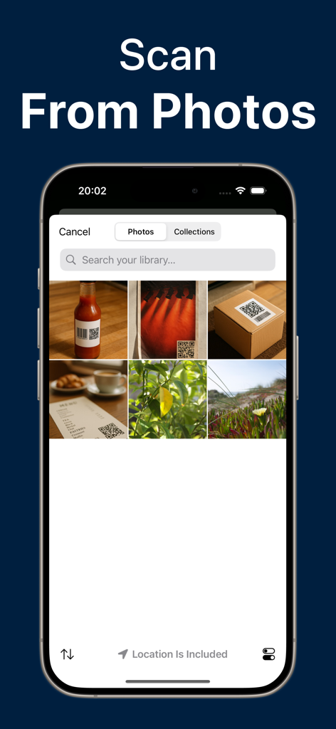 QR Code Reader；Barcode Scanner - Una pantalla de iPhone que muestra la función Escanear desde fotos en la aplicación QR Mate, mostrando una biblioteca de fotos con imágenes de productos y códigos QR.