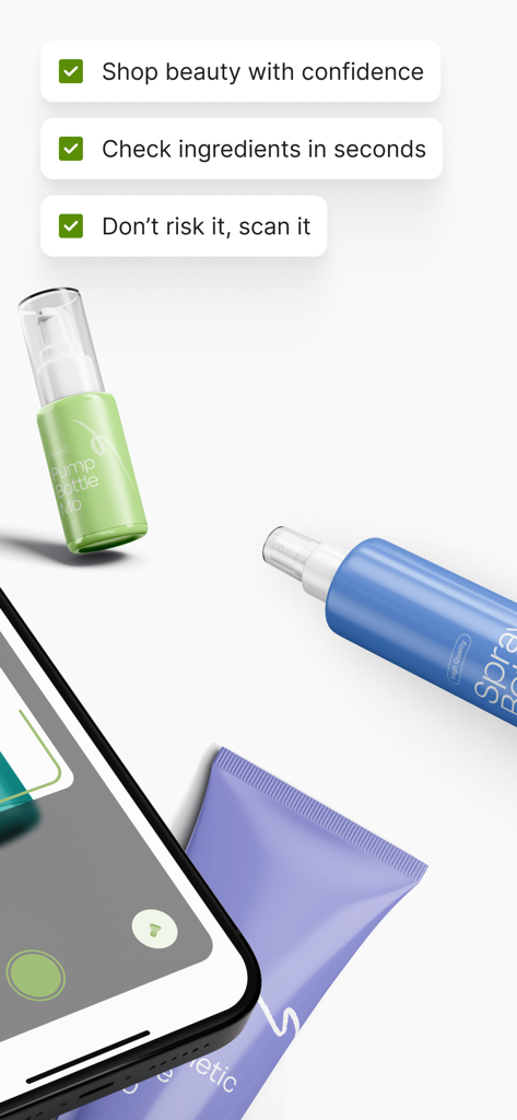 Skincare Ingredient Checker app interface for scanning beauty products and checking ingredients for safety.