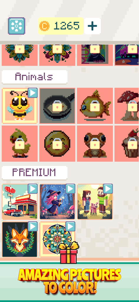 Color Zen: Paint by Number - Una captura de pantalla de Color Zen Paint by Number que muestra una galería de arte pixelado con categorías de coloreado de animales y premium.